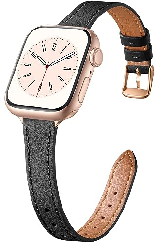CeMiKa Bracelet Cuir Étroit Compatible avec Apple Watch 38mm 40mm 41mm 42mm | Bracelet Remplacement Cuir Fin Véritable pour Apple Watch SE3 SE/iWatch Series 11 10 9 8 7 6 5 4 3, Femmes Hommes, Noir