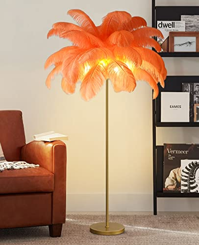 MADHEHAO Upgrade Straußenfeder-Stehlampe, Moderne Stehlampe in 3 Farben dimmbar mit Fußschalter, Fransenlampe, goldene Feder-Stehlampe, Lampenkörper aus 100% Kupfer, Stehlampe für Esszimmer (Orange)