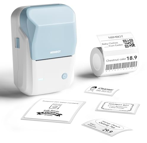 NIIMBOT B1 Etikettendrucker mit 1 Rolle Starterband, Bluetooth Selbstklebendes Etikettiergerät, Beschriftungsgerät Druckgröße 20-50mm Kompatibel mit iOS und Android für Zuhause, Büro (Hellblau)