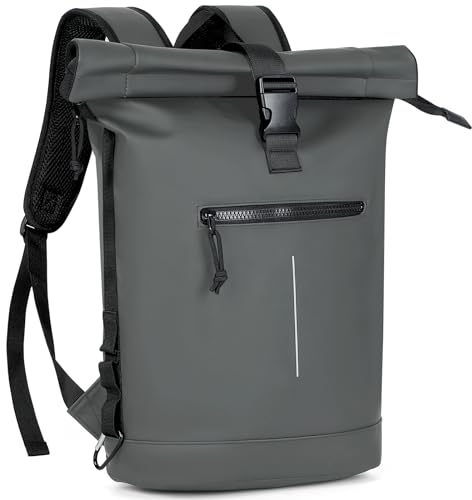 Lekeinchi Rolltop Rucksack Wasserdicht für Damen & Herren, Großer Laptop Rucksack mit Computerfach für 17 Zoll Laptop, Elegant Reiserucksack Daypack für Reisen, Radfahren, Uni Schule-Grau