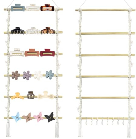 Rionaty Makramee-Organizer mit Haken, hängende Haarspangenhalter und Aufbewahrung für Frauen, Mädchen, Wand, Tür, Schrank