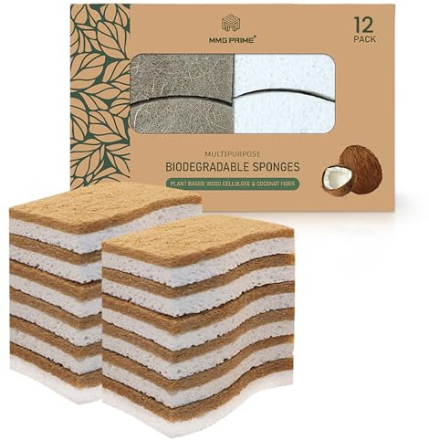 MMG Prime Natural Kitchen Sponge –12-Pack Biodegradable Sponges for Dishes –Compostable Dish Washing Scrubbers – Eco Friendly Non-Scratch Cellulose & Coconut Husk Scrubber Sponges for Cleaning