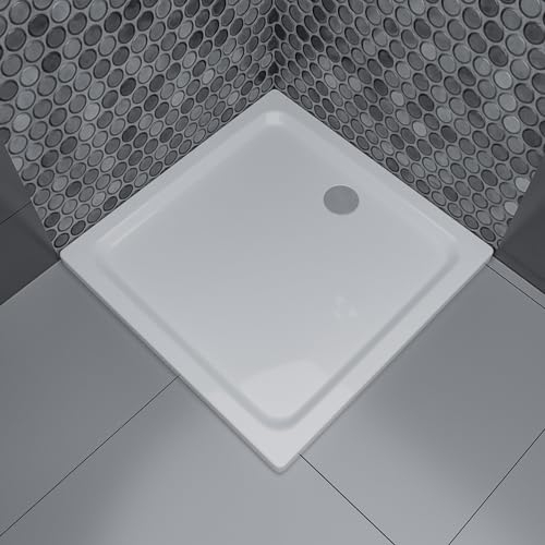 ECOLAM® flache Duschwanne Duschtasse MAX 80x80 x 5,5 cm/Tiefe 1,5 cm + Siphon Silikon | Brausewanne Duschbecken Viereck Quadrat weiß