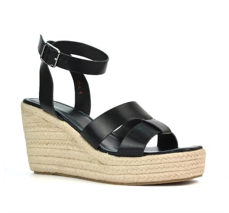 Womens Espadrille Wedge Heel Sandals Ladies Ankle Strap Black Synthetic Leather Summer Casual Platform Shoes Size 6