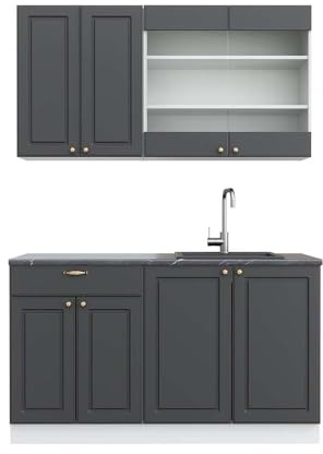 Vicco Singleküche Fame-Line, Anthrazit-Gold/Weiß, 140 cm | 4 Module · Höhenverstellbare Füße · AP Anthrazit inkl. · MDF-Fronten · Softclose · Metallgriffe