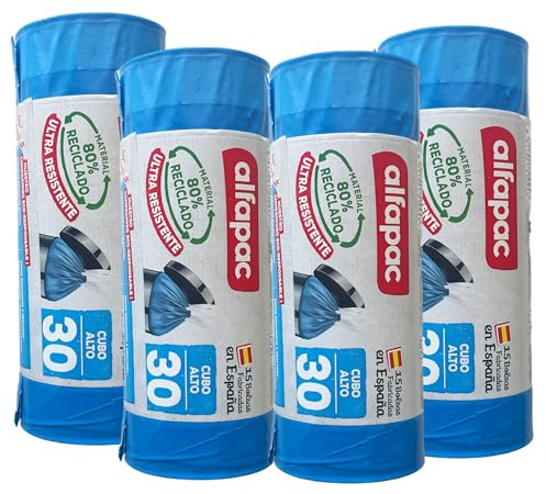 80% recyclé, 4 rouleaux de 15 sacs poubelle (60 sacs) « Seau haut », ultra résistants, triple couche, anti-goutte, 30 l auto-refermable