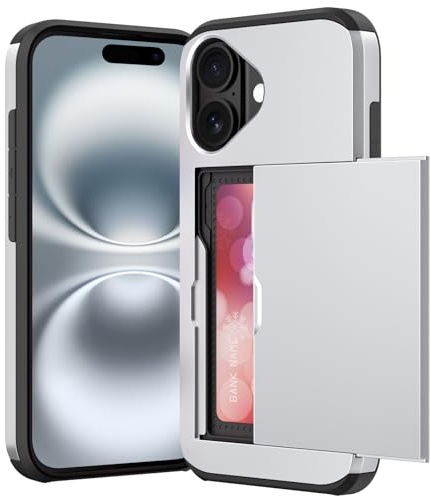 ACOCOBUY for iPhone 16 Case with Card Holder Sliding Cover 6.1 inch Silver | Hidden Pocket IDs Credit Cards Slot Heavy Duty Shockproof Protective Dual Layer Wallet Phone Cover Back Shell for Men Women