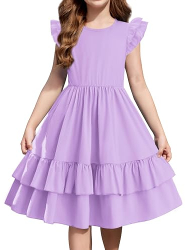 Arshiner Ragazze Abito Maniche a Farfalla Bambini Cotone Estivo Festa Abiti Casual Vestito Scollo Rotondo Swing Abiti per Ragazze 11-12 Anni Viola