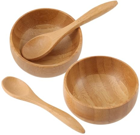 LALADEFIEE 2 Sets Wood Mask Mixing Bowls with Spoons Easy to Hold Flexible Facial Mask Bowls for Beauty Salon Use and Personal Home Use Khaki Colour Eco-friendly