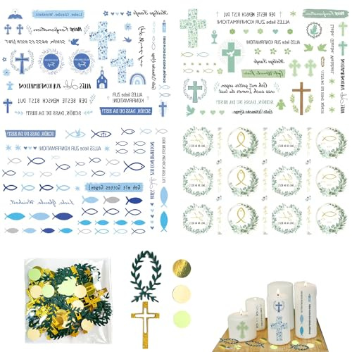 Foglie Candela Tatuaggio Comunione, foglie candela cresima tatuaggio candela tatuaggio lamina, tatuaggi per candele - Set di 4 Adesivi Comunione Personalizzati con 100 pezzi di Confetti Sacramentali