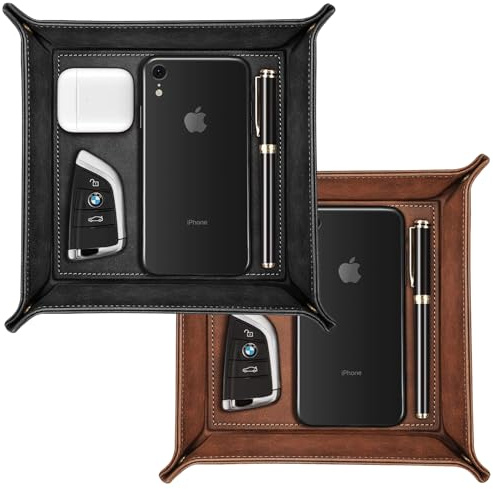 Oenothera 2 Stücke Schlüsselablage Organizer, Leder Ledertablett Organizer, Quadratisch Braun Kunstleder Ablageschale Schlüsselschale für Schmuck Schlüssel Münzen Handy