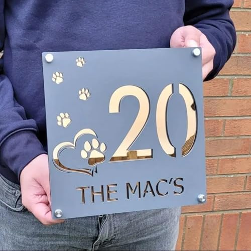 Personalisierte Hausnummern für draußen, Hausnummernschild, Hausadressschild, Hundehausschild, individuell, modern, Türnummern, Pfotenabdruck, Dekoration, Außentafeln und Wandkunst (Grau-Roségold, 25
