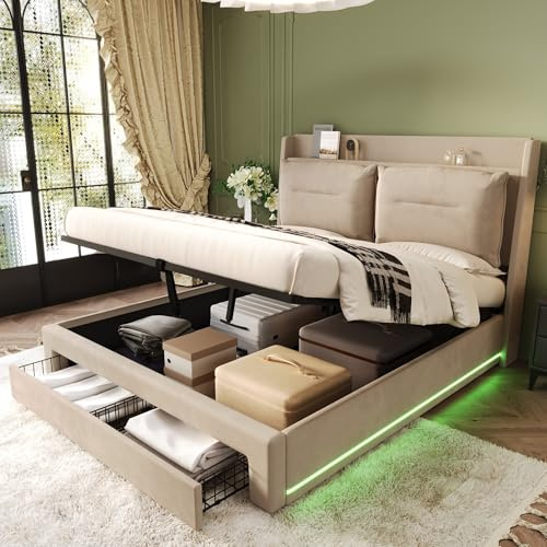 BTM King Size Bed Frame with Storage Drawer, Hydraulic Bed Box, LED Light Strips, Beige Velvet, No Mattress, 150x200cm