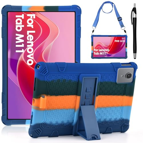 KATUMO Kinder Silikon Hülle für Lenovo Tab M11 (11 Zoll) 2024 Tablet TB330FU/331FC Schutzhülle mit Schultergurt und Stylus Pen Kinderfreundliche Bunt Cover Case für Lenovo Tablet Tab M11