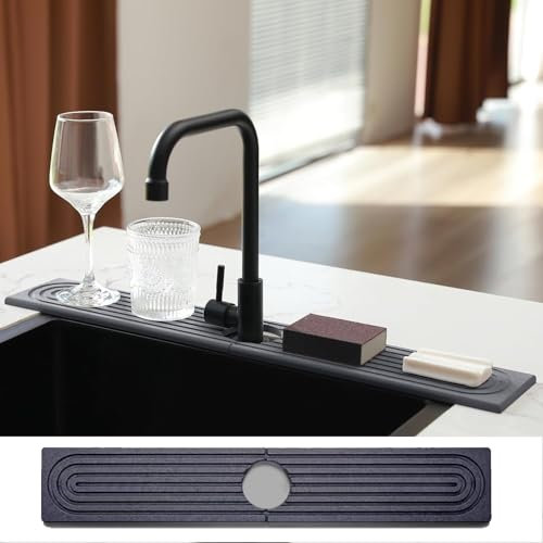 WIFORH Stone Faucet Mat for Kitchen Sink, 60cm Long Diatomite Fast Drying Stone Sink Tray，Diatomite Absorbent Mat, Faucet Splash Guard for Bathroom Kitchen, 24 x 3.54 in(Dark Grey)