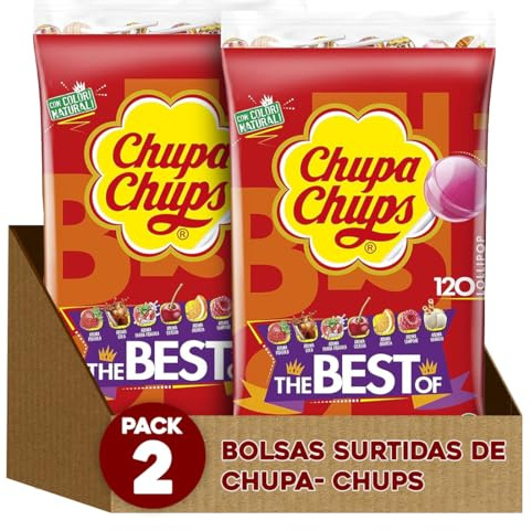 Chupa Chups Original Caramelo con Palo Pack 2 Bolsas de 120 Unidades | 240 caramelos en total | Envueltos uno a uno | Fresa, cola, nata, naranja, frambuesa y vainilla