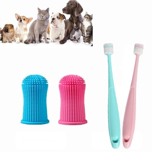 Cepillos Dientes para Perros,4pcs Cepillos Dientes para Perros Gatos,Cepillo Dientes perro Silicona,Limpieza Bucal 360°con Cerdas Suaves,Cuidado Dental para Mascotas Pequeñas y Grandes