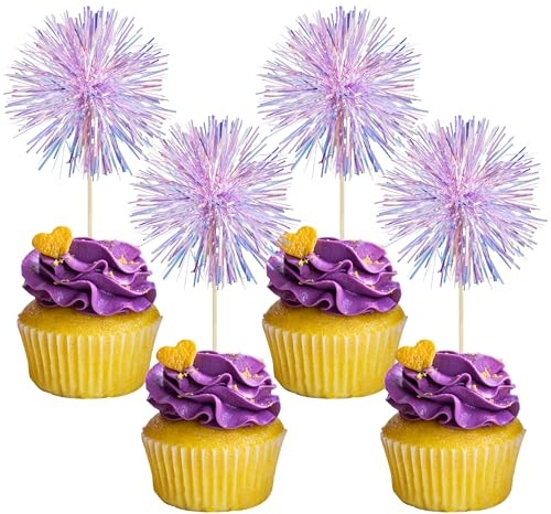 Gyufise 30Pcs Foil Firework Cupcake Toppers Sparkle Tinsel Cake Toppers Tinsel Drink Cake Decoration Cocktail Picks for Birthday Wedding Graduation Party Supplies Laser Purple