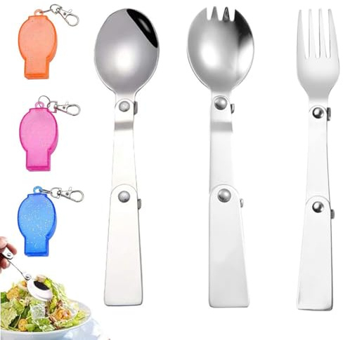 LACHT Juego de 3 cucharas plegables de acero inoxidable, tenedor y cuchara plegables, cubiertos plegables, cuchara y tenedor plegables portátiles, para senderismo, viajes y picnic.