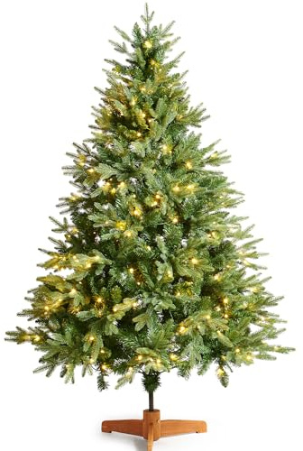 6ft Pre-Lit Artificial Green Christmas Tree with 280 LED Lights and 866 PE PVC Mixed Tips Hinged Branches Bushy Realistic Easy to Assemble Xmas Home Decorations Trees with Foldable Wooden Stand