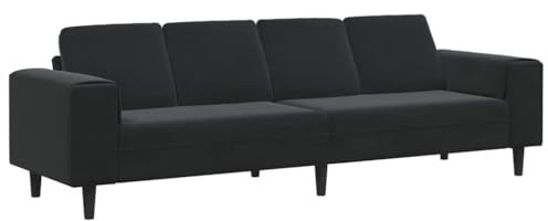 Modern svart sammetsoffa för 4 personer med blå plywood på ytan, platta armstöd, koniska ben, matt finish och ram i konstruerat trä. Storlek: 250 x 77 x 76 cm. Den är för inomhusbruk och behöver monte
