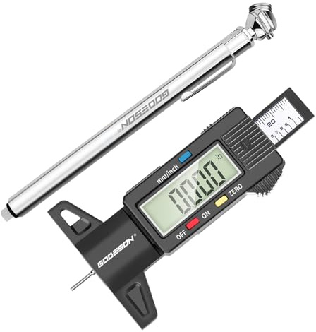 GODESON Misuratore di profondità per pneumatici digitale UK, 0-25,4 mm/pollici con grande LCD & modalità risparmio energetico & manometro per pneumatici stile penna 10-50 PSI
