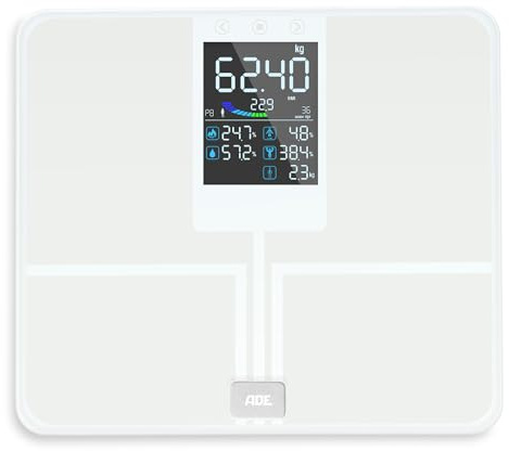 ADE Digitale Körperfettwaage mit großem Farbdisplay | alle Werte auf einen Blick | Körperanalysewaage bis 200 kg | Waage mit Körperfett und Muskelmasse | 8 Speicherplätze und Nutzererkennung | weiß