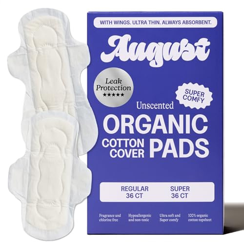 August Regular & Super Cotton Menstrual Pads, 72 (36+36) Ultra Thin Pads with Wings, Hypoallergenic Sanitary Napkins with Organic Cotton Topsheet, Compostable Wrapper, Non-Toxic, Fragrance-Free
