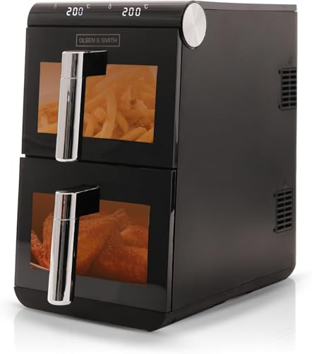 Olsen & Smith 11L Vertical Dual Stack Air Fryer with Two 5.5L Baskets, Viewing Windows, Compact Space-Saving Design, Digital Display, Touch Controls, Dual Cook Functions, 13 Pre-Sets, Black