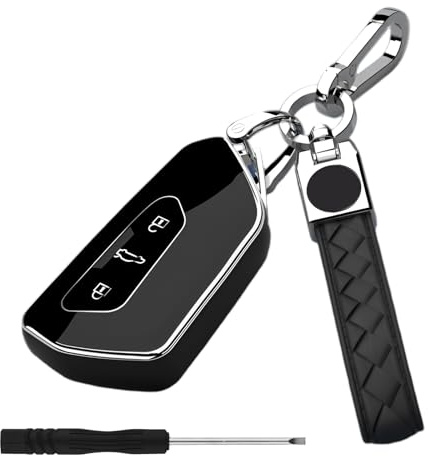 Sunyunze Autoschlüssel Hülle Auto Schlüsselhülle mit Handschlaufe | Schlüsselcover Schutz für VW Volkswagen Golf 8 ID3 ID4 GTI GTE Seat Leon MK4 Tarraco Ateca Skoda Octavia Schwarz Rand Silber