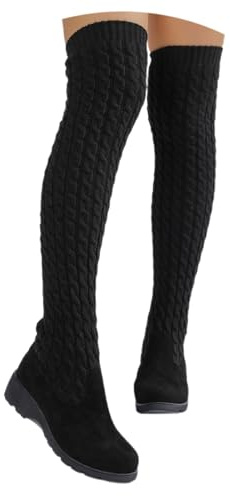 Botas por encima de la rodilla para mujer, botas de caña ancha, botas de punto hasta la rodilla con tacón grueso de plataforma, elásticas, punta redonda, moda para invierno, informales y cómodas