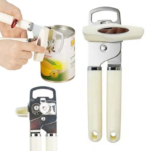 Hoxfly Dosenöffner Manuell 3 in 1,Dosenöffner Aus Edelstahl, Sicherheitsdosenöffner Ohne Scharfe Kanten & Deckelöffner,Ergonomischer Küchenhelfer & Flaschenöffner Für Senioren & Arthritis, Leinengrau