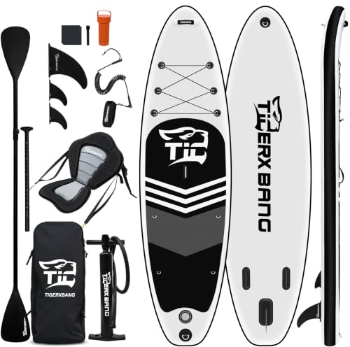TIGERXBANG Aufblasbares Stand Up Paddle Board 320 x 82 x 15 cm, Black Tiger Collection SUP mit Kajaksitz, Doppelpaddel und Zubehör Komplettset für Erwachsene und Kinder