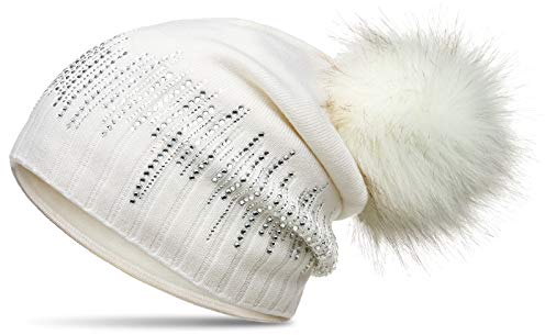 Caspar MU206 Gefütterte Damen Feinstrick Long Beanie Mütze mit Glitzer Strass und tierschutzgerechtem Kunstfell Bommel, Farbe:wollweiß, Größe:Einheitsgröße