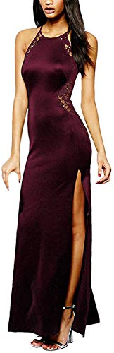 Angelwing Femmes Robe Élégant Dentelle Longue Mince sans Manches Bodycon Hors épaule sans Dossier Hem Slit Slim Fit Robes Maxi de Soirée Cocktail Vin Rouge Small