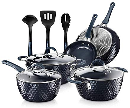 NutriChef Pots and Pan Set 11 Pcs, Non Stick Cookware Set, with Saucepan Frying Pans, Cooking Pots, Lids, Handles – Induction hob, Blue Diamond