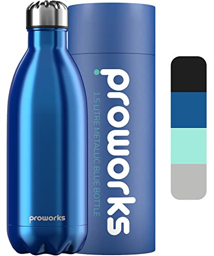 Proworks Stainless Steel 1.5l Water Bottle | Double Insulated Vacuum Flask for 12 Hours Hot & 24 Hours Cold Drinks - Great for Home, Work, Gym Camping & Travel - 1.5 Litre Bottle - BPA Free – Blue
