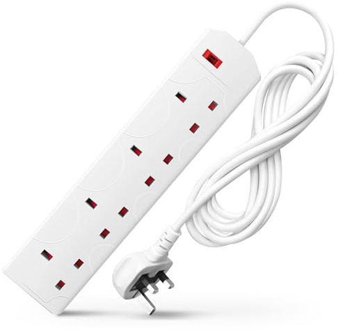 DESIRETECH White Electric Extension Lead - 4 Gang, 5 Metre Cable with UK Plug & 3 Pin Socket - Wall Mountable & Multi Socket Mains Strip for Home, Bedroom, Kitchen, & Office (1 Pack)