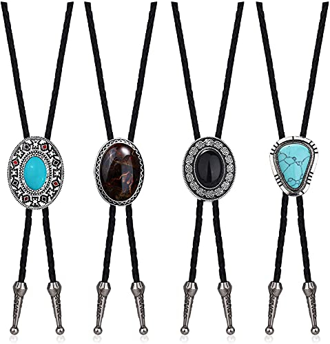 LOLIAS 4Pcs Leder Bolo Krawatte Türkis Krawatte für Herren Damen Western Cowboy Bolo Tie Natural Schwarze Leder Krawatte Halloween Kostümzubehör für Männer Frauen