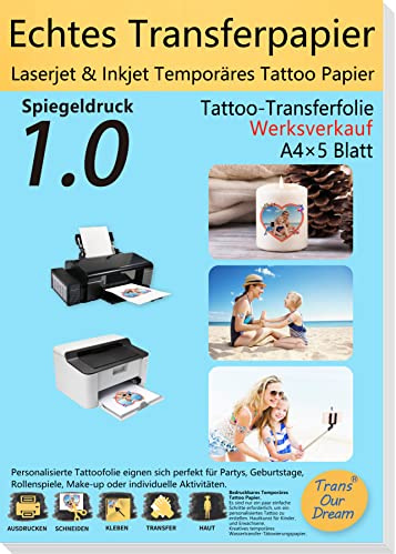 TransOurDream 5 ark A4X5 tatueringspapper för spegeltryck, ljus, tillfälliga tatueringar, för bläckstråleskrivare/laserskrivare