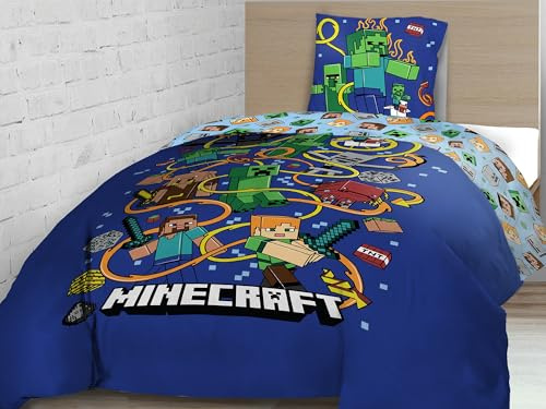 Familando – Minecraft Bettwäsche-Set (2-teilig) – Decken- & Kissenbezug 135x200 cm & 80x80 cm mit Reißverschluss – 100% Baumwolle Renforcé – Wendemotiv mit Creeper & TNT – Öko-TEX Zertifiziert