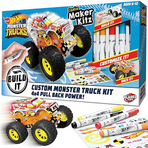 BLADEZ Hot Wheels Custom Make Your Own Monster Truck with Pull Back Motors | Pens & Stunt Ramp – DIY Arts and Crafts for Kids 6-12 for Creative Play, Craft Kits for Kids, Maker Kitz from Bladez Toyz