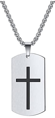 PAURO Herren Edelstahl matt gebürstet graviert Kreuz Militär Armee Erkennungsmarke Charm Halskette Silber
