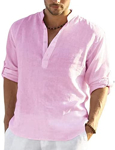 PADOLA Chemise Homme en Lin - Col Mao, Manches Longues, Uni Henley, Shirts de Plage Classique et Casual pour Été, Grande Taille, Décontractée