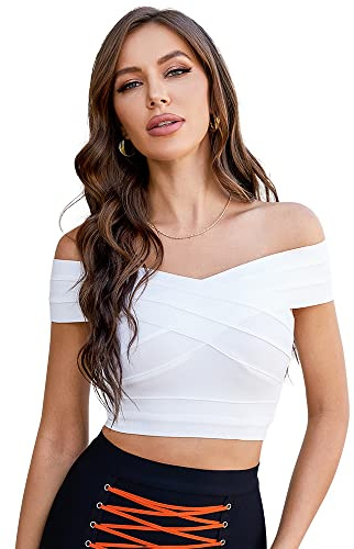 BEAUKEY Off Shoulder Bandage Tops for Women Bandage Crop Top (L, White)