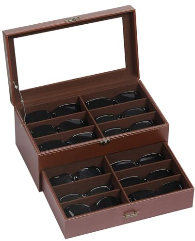 AUTOARK Aufbewahrungsbox für Brillen und Sonnenbrillen,Aus Leder und Samt,Transparenter Deckel,Verschließbar,12 Stück,Kaffeebrille,AW-164