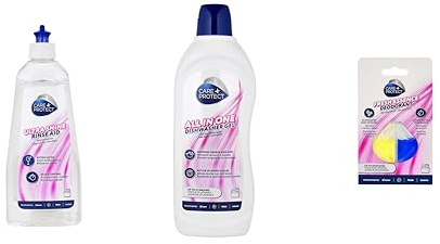 CARE + PROTECT Dishwasher Cleaning Bundle, Three Pieces Cleaner Set: Gel All in One Powerful Degreasing Detergent, 750ml, Ultra Shine Universal Rinse Aid, 500ml, Long-Lasting Fragrance Deodorant.