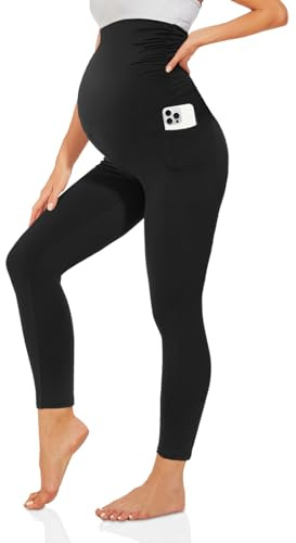 TNNZEET Umstandsleggings High Waist Damen mit Taschen Umstandshose Schwangerschaft Leggings Lang für Yoga(Taschen-Schwarz,L)
