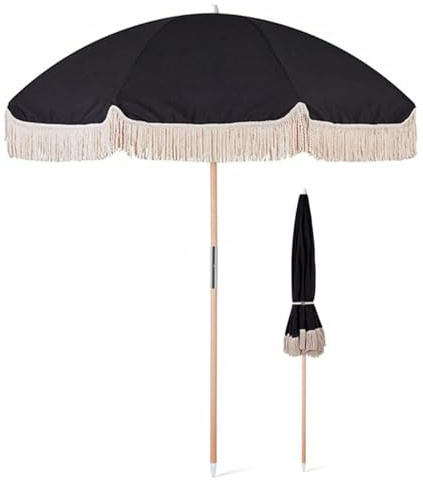 CNHRFGVD Parasol de Plage Noir Gothique avec Frange 200cm - Protection UV, Portable pour Jardin, Balcon, Terrasse et Patio
