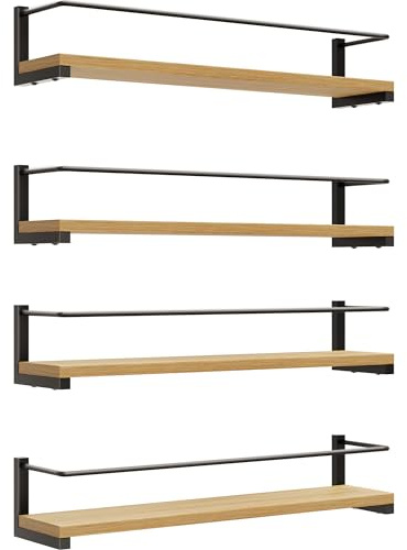 OROPY Portaspezie in Legno di Pino Set di 4, Organizzatore per Mensole da Cucina per Montaggio a Parete per Spezie, Lattine, Vasetti, Pentole - 40x9cm